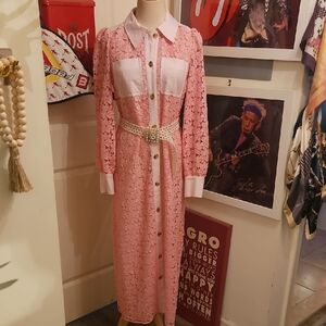 kate spade Pink Lace Long-Sleeve Shirt Dress with White Collar & Pockets